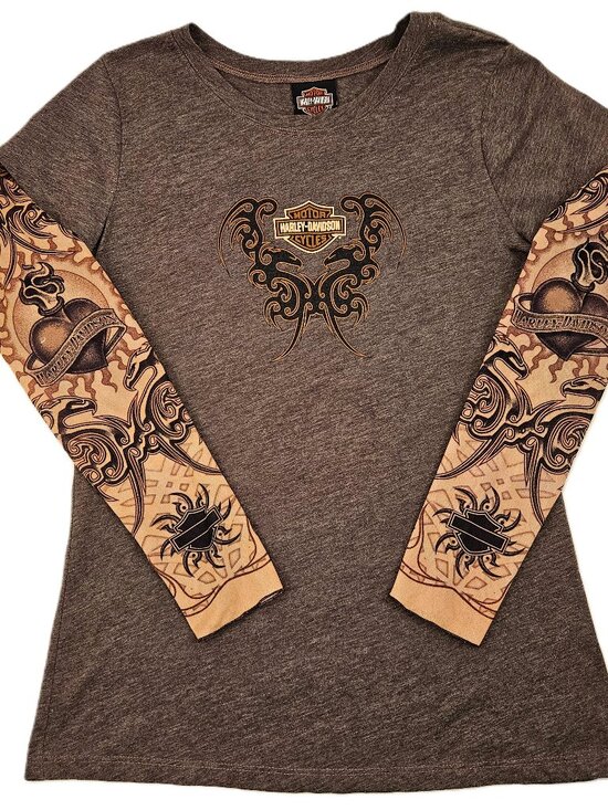 Harley-Davidson Tops - Womens Harley Davidson Tattoo Sleeve t-shirt XL Vintage Y2K Brown Biker ABQ Bike